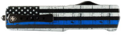 Templar Knife SABTB32 Premium LW We Back You Small 3" OTF Drop Point Plain Black Oxide Stonewashed D2 Steel Blade, 4.50" Black & White w/Blue Line Aluminum Handle